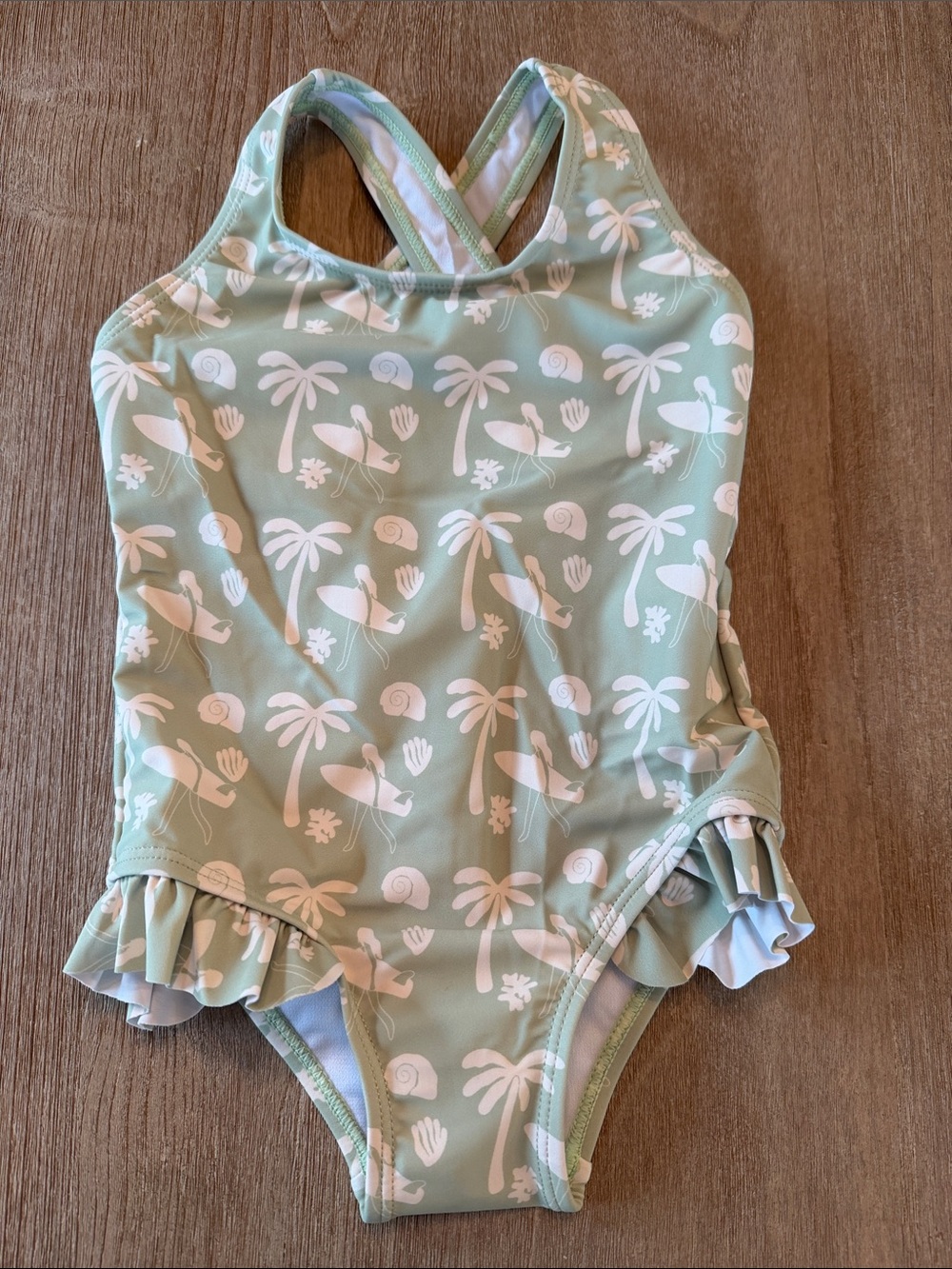Girls' Mint Green Palm-Print One-Piece Swimsuit with Ruffle Trim